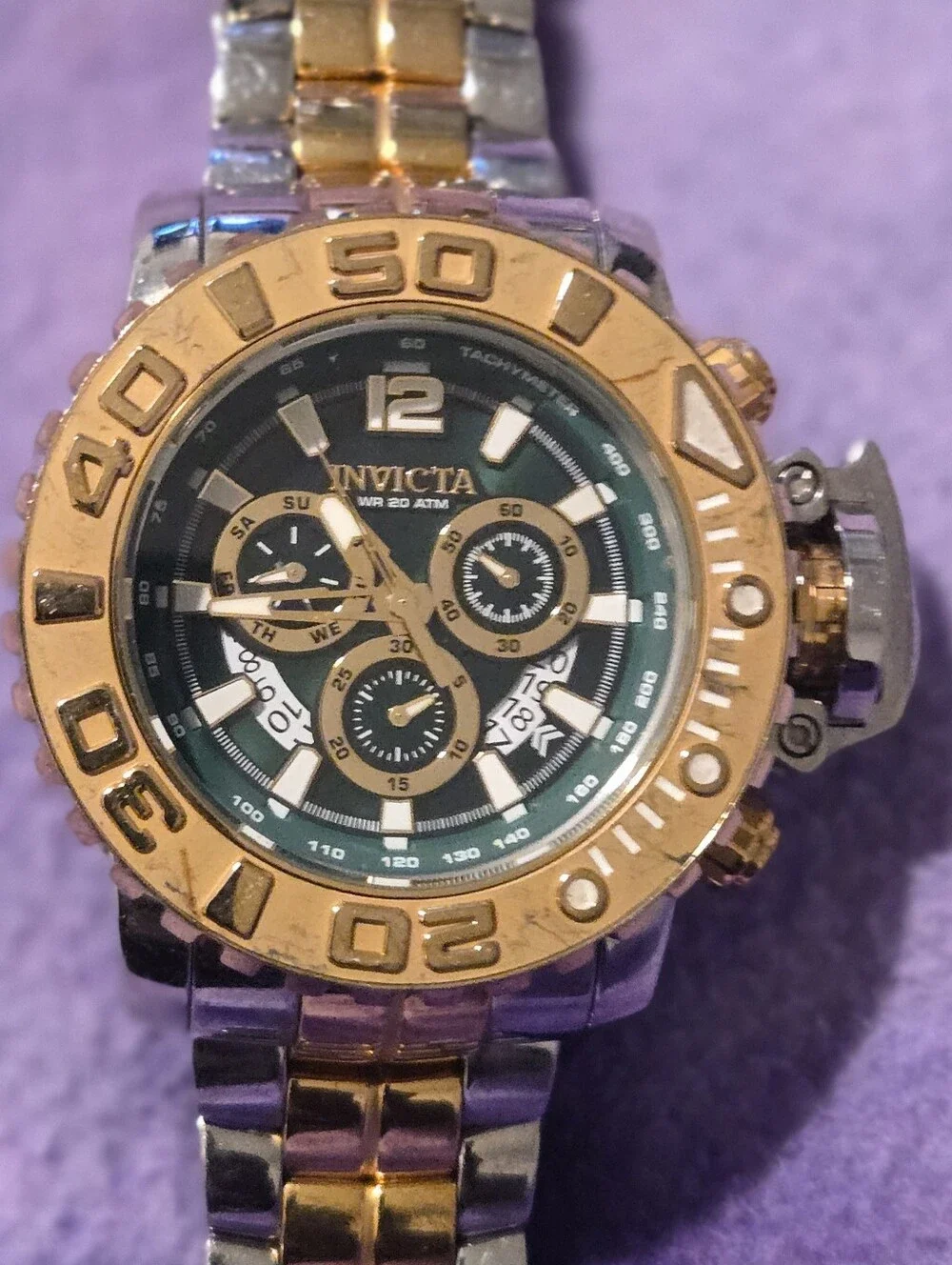 Invicta Gold & Silver Bracelet Chronograph with Green Dial